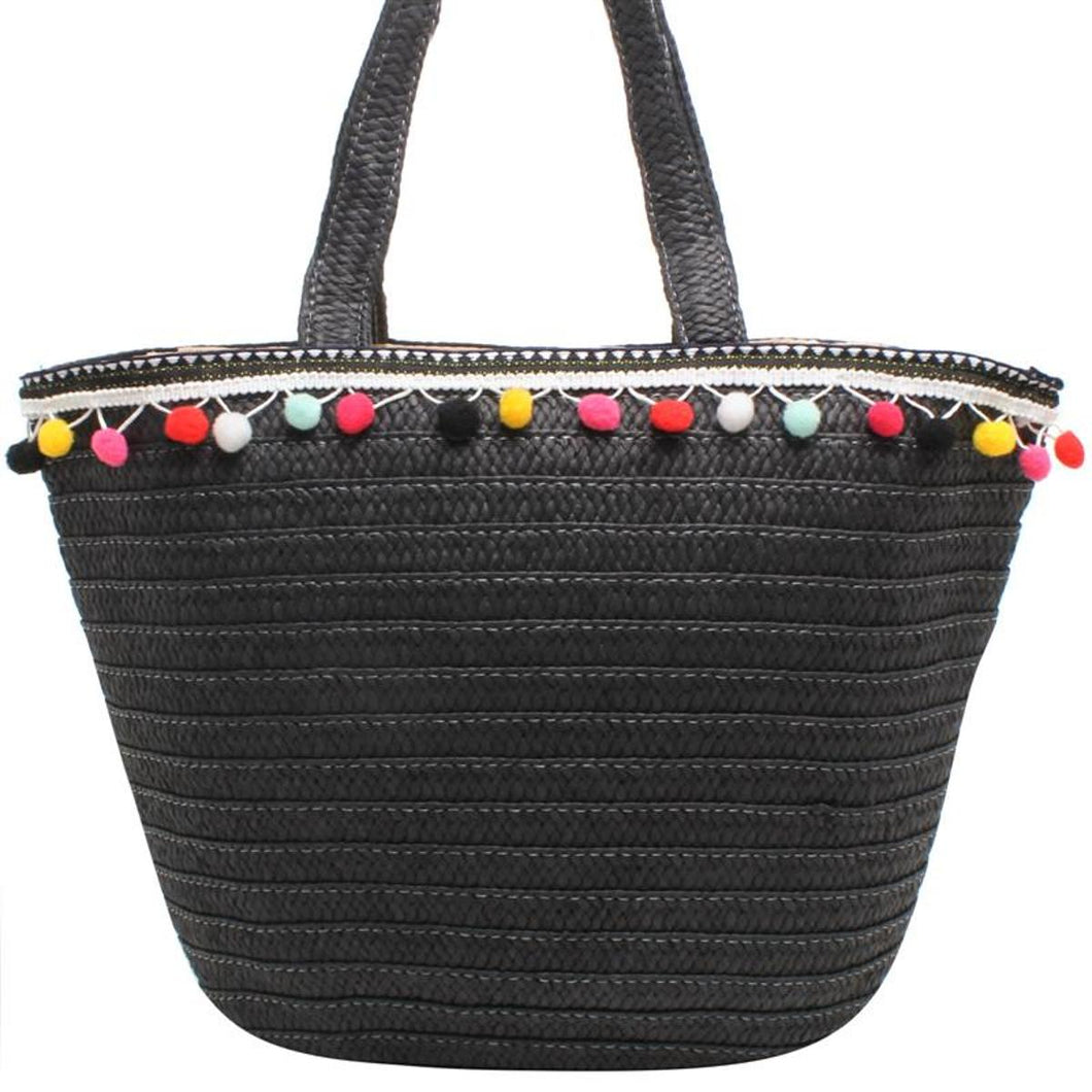 Bolsa de Palha Pompom - Preto