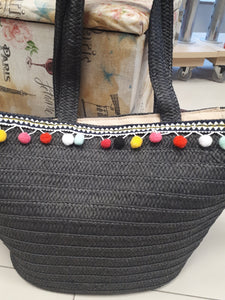 Bolsa de Palha Pompom - Preto