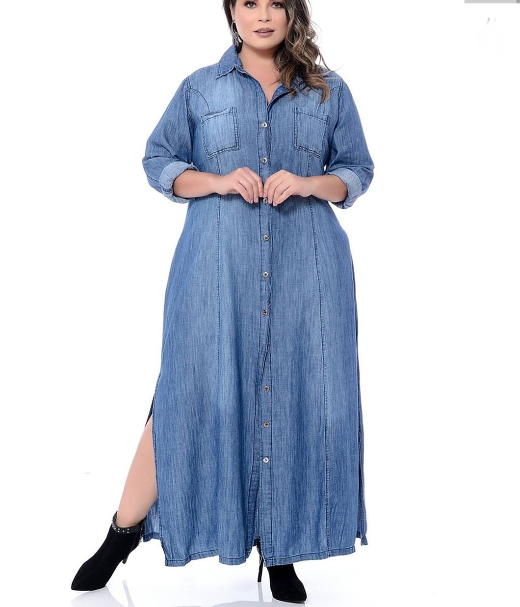 Vestido jeans longo plus bellas